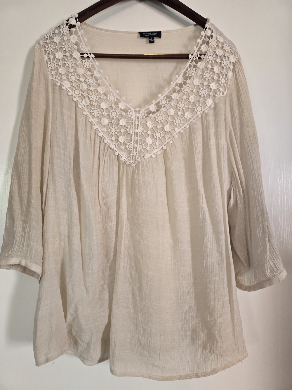 Spense Woman Boho Crochet-Trim Peasant Top — Cream Crinkle Sz 1x